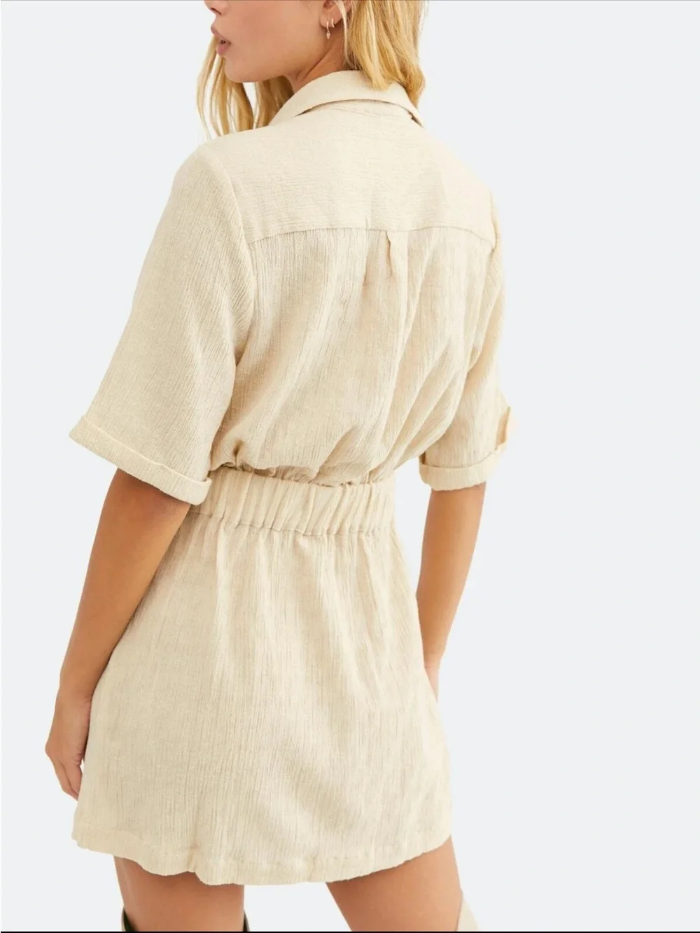 Free people clementine crepe wrap belted mini dress in cream medium NWT